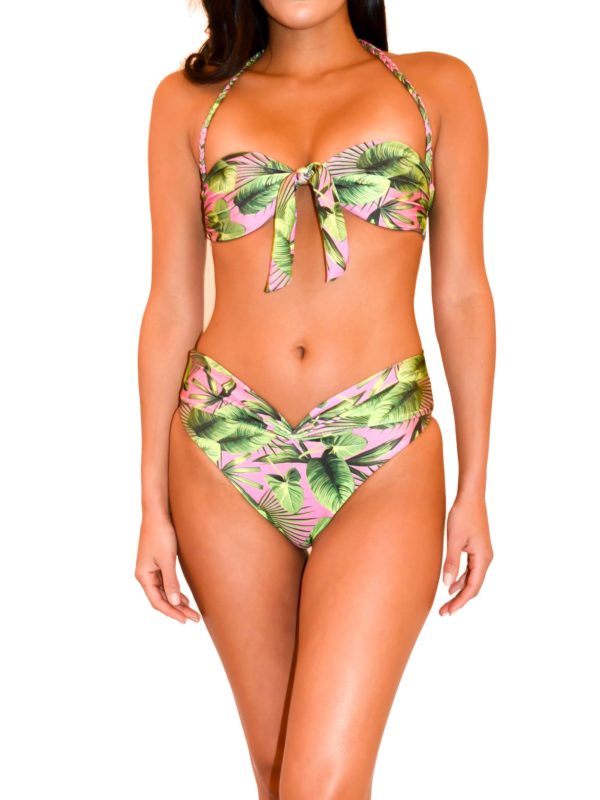 "pink, palm tree, tropical, bandeau high waist bikini"