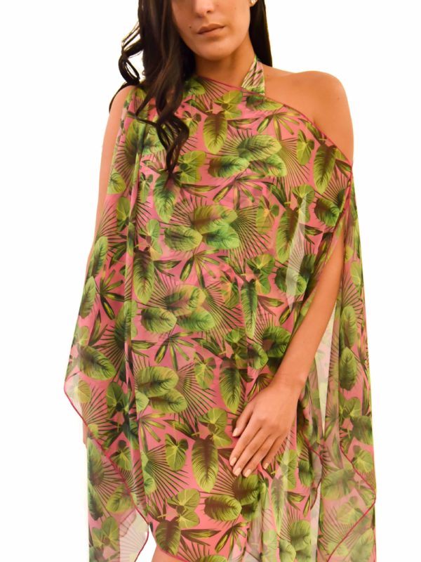 "palm tree"pink" tropical, chiffon caftan dress"