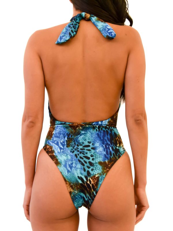 "low back, one-piece swimsuit, blue animal print"