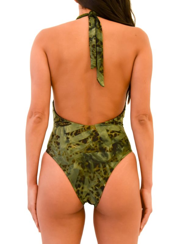 Low back, one-piece swimsuit, green, leopard print"