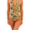 "deep v, palm tree, pink, tropical, one-piece swimsuit"