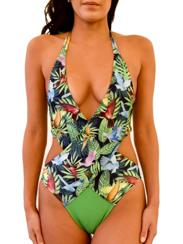 "tropical, jungle print, one-piece swimsuit"